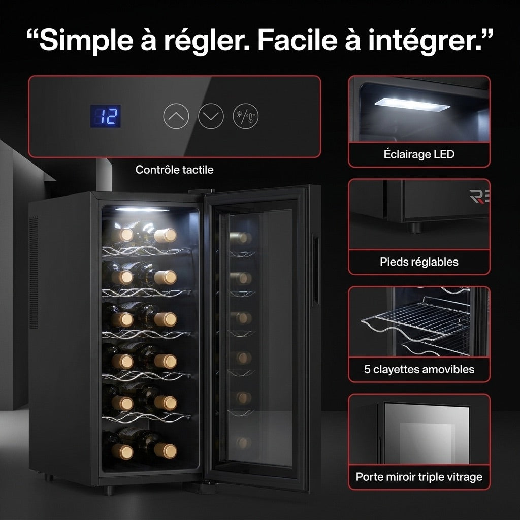 Cave à Vin REVO Vinea – 12 Bouteilles – Température 8 à 18 °C – Triple Vitrage – Ultra-Silencieuse < 26 dB
