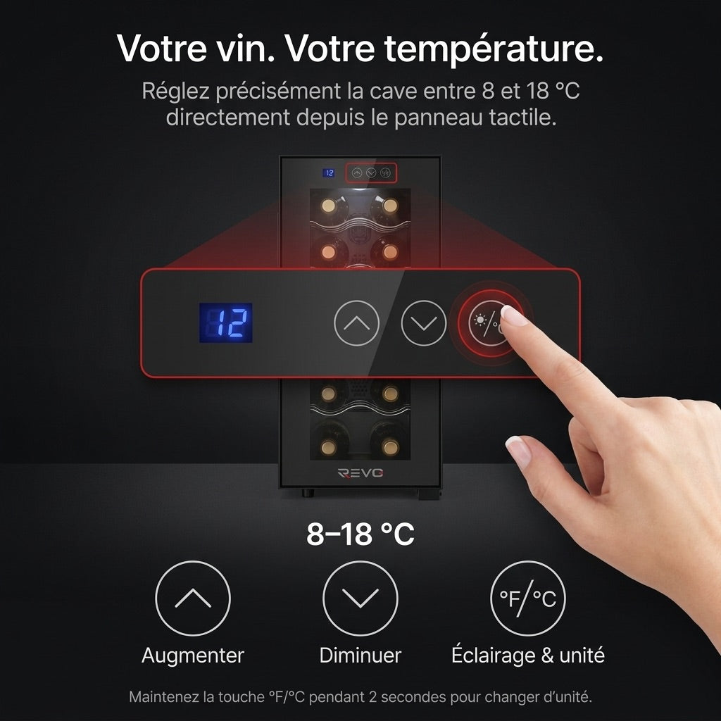 Cave à Vin REVO Vinea – 12 Bouteilles – Température 8 à 18 °C – Triple Vitrage – Ultra-Silencieuse < 26 dB