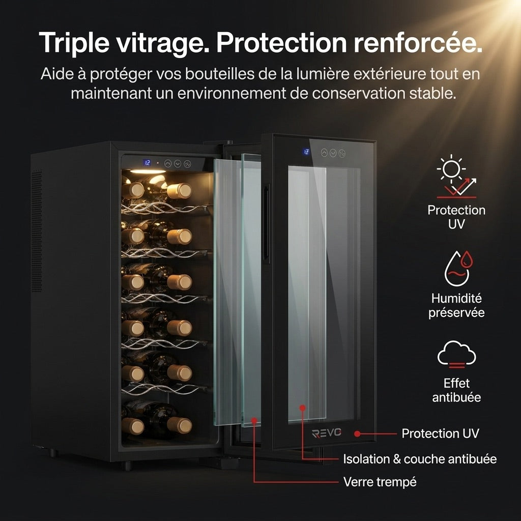 Cave à Vin REVO Vinea – 12 Bouteilles – Température 8 à 18 °C – Triple Vitrage – Ultra-Silencieuse < 26 dB