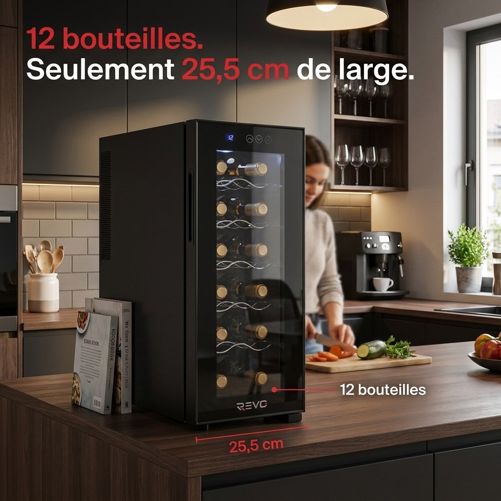 Cave à Vin REVO Vinea – 12 Bouteilles – Température 8 à 18 °C – Triple Vitrage – Ultra-Silencieuse < 26 dB