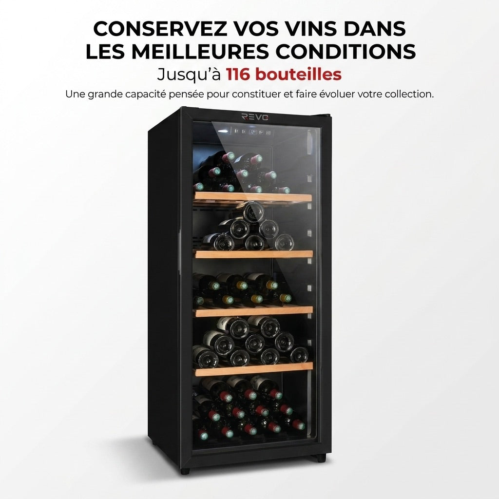 Cave à Vin de Vieillissement REVO Héritage – 116 Bouteilles – 213 L – 4 Clayettes en Bois – Température Réglable