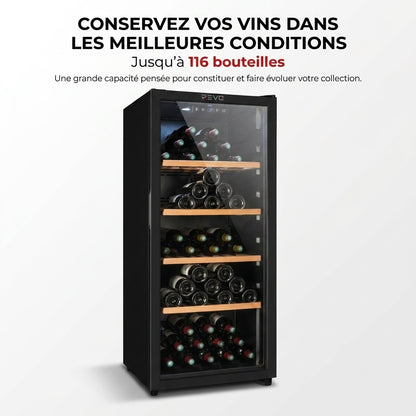 Cave à Vin de Vieillissement REVO Héritage – 116 Bouteilles – 213 L – 4 Clayettes en Bois – Température Réglable