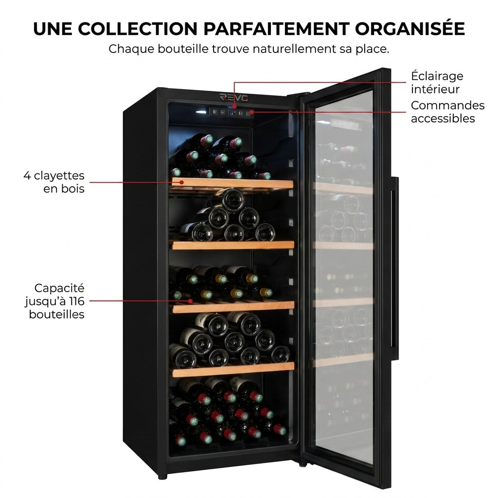 Cave à Vin de Vieillissement REVO Héritage – 116 Bouteilles – 213 L – 4 Clayettes en Bois – Température Réglable