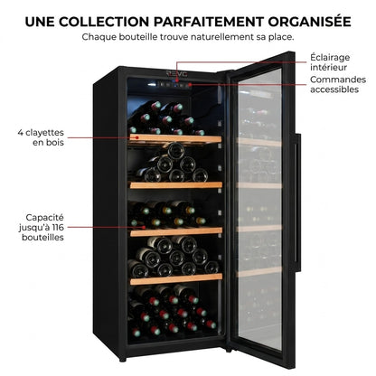 Cave à Vin de Vieillissement REVO Héritage – 116 Bouteilles – 213 L – 4 Clayettes en Bois – Température Réglable