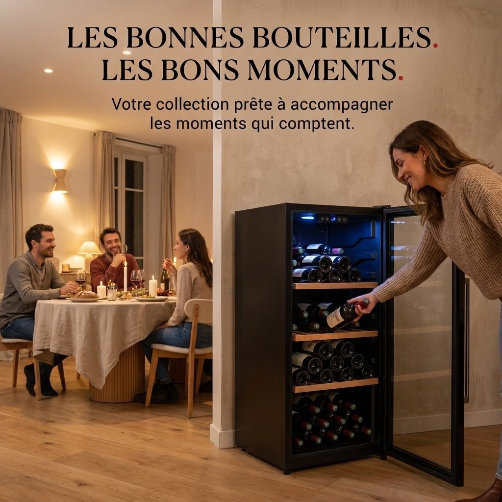 Cave à Vin de Vieillissement REVO Héritage – 116 Bouteilles – 213 L – 4 Clayettes en Bois – Température Réglable