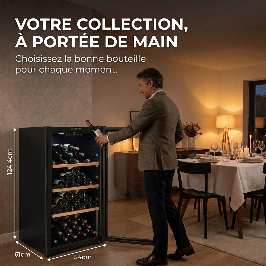 Cave à Vin de Vieillissement REVO Héritage – 116 Bouteilles – 213 L – 4 Clayettes en Bois – Température Réglable