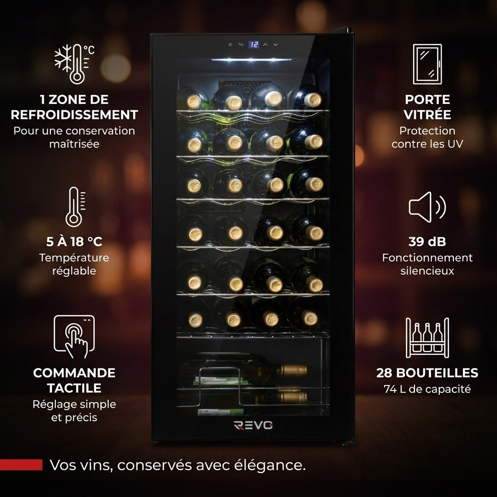 Cave à Vin REVO Écrin 28 – 28 Bouteilles – 74 L – 5 à 18 °C – 39 dB – Porte Vitrée
