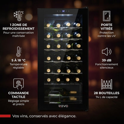 Cave à Vin REVO Écrin 28 – 28 Bouteilles – 74 L – 5 à 18 °C – 39 dB – Porte Vitrée