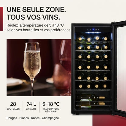 Cave à Vin REVO Écrin 28 – 28 Bouteilles – 74 L – 5 à 18 °C – 39 dB – Porte Vitrée
