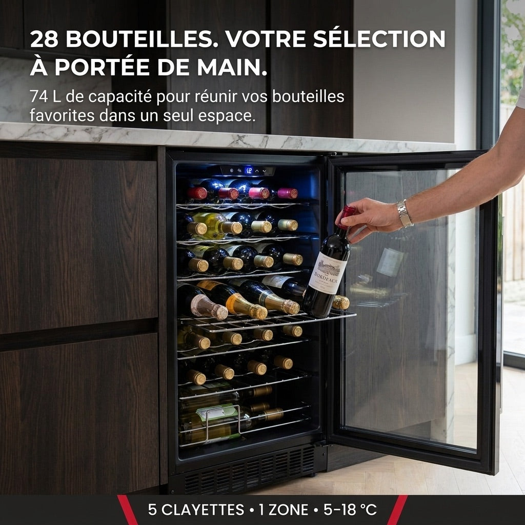 Cave à Vin REVO Écrin 28 – 28 Bouteilles – 74 L – 5 à 18 °C – 39 dB – Porte Vitrée