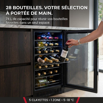 Cave à Vin REVO Écrin 28 – 28 Bouteilles – 74 L – 5 à 18 °C – 39 dB – Porte Vitrée