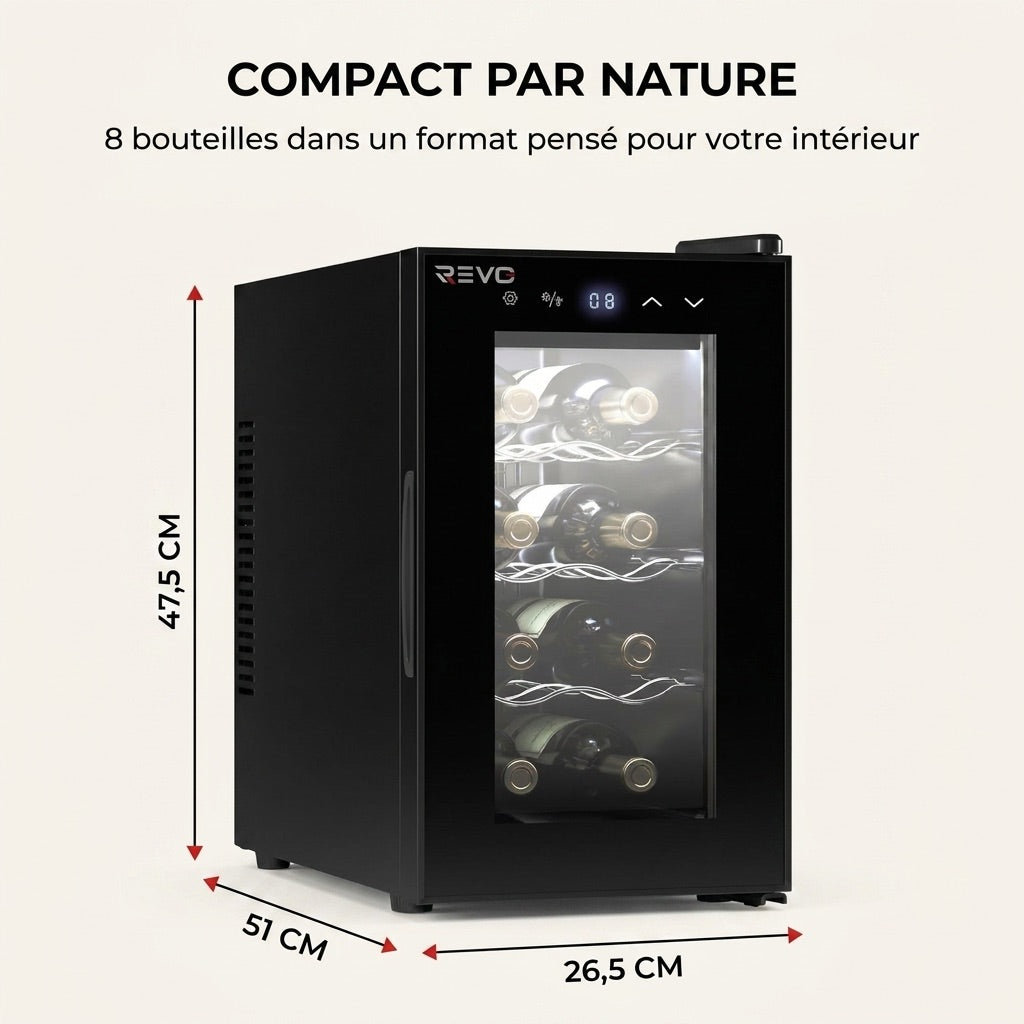 Cave à Vin REVO Origine – 8 Bouteilles – 21 L – Température Réglable 8 à 18 °C – Commande Tactile – 35 dB
