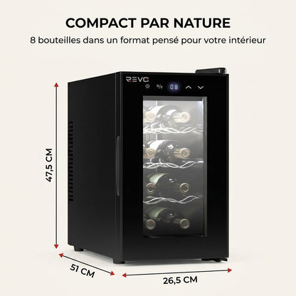 Cave à Vin REVO Origine – 8 Bouteilles – 21 L – Température Réglable 8 à 18 °C – Commande Tactile – 35 dB