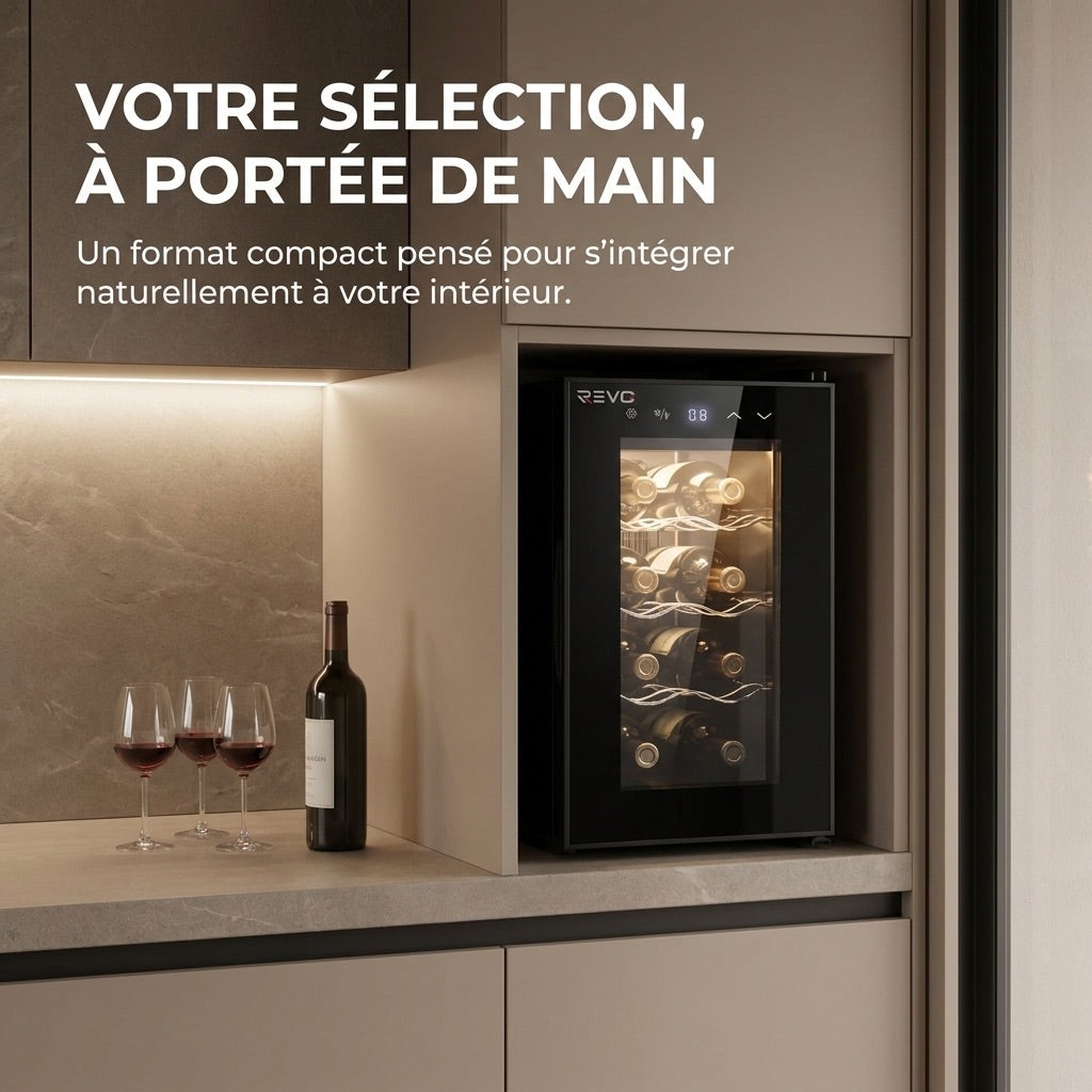 Cave à Vin REVO Origine – 8 Bouteilles – 21 L – Température Réglable 8 à 18 °C – Commande Tactile – 35 dB