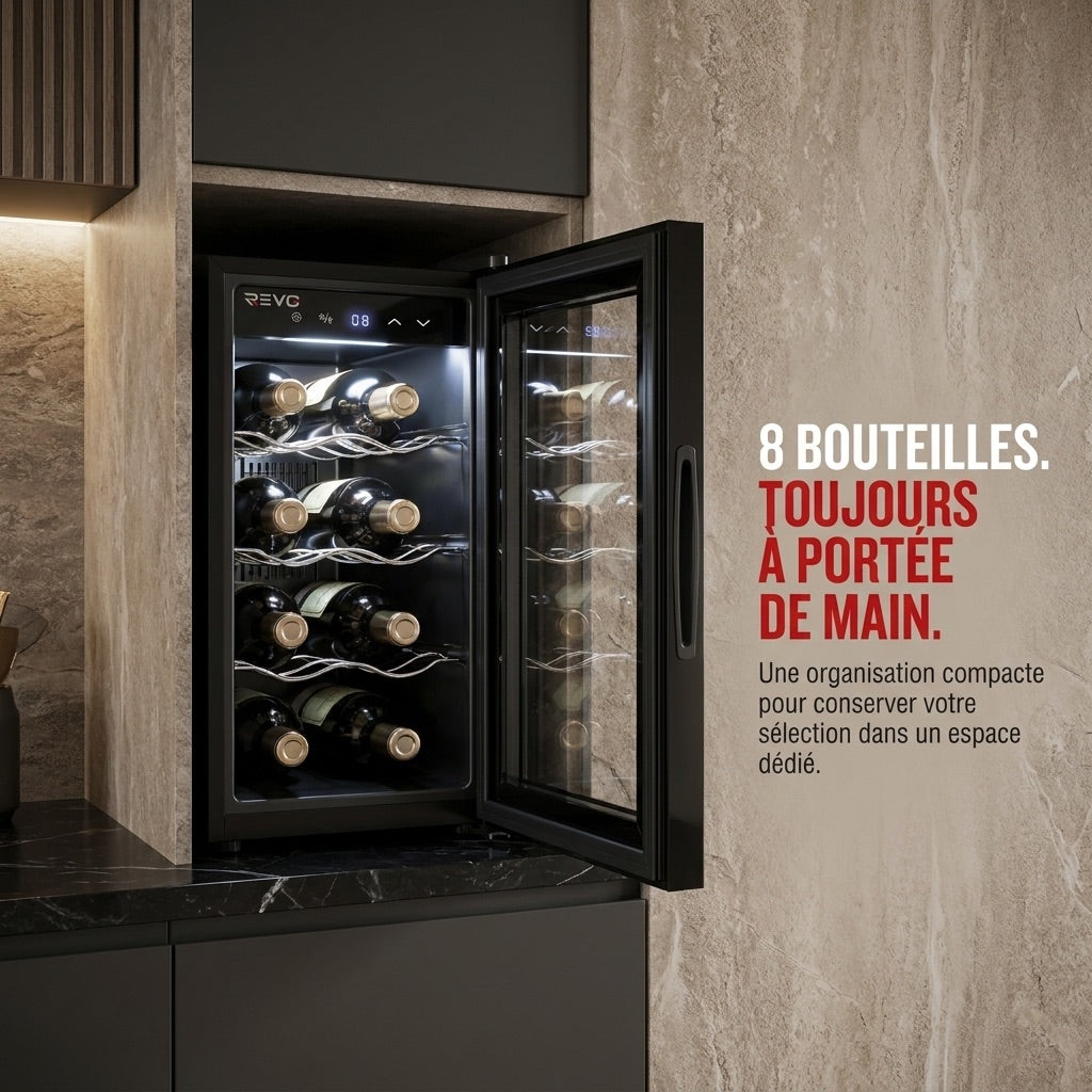 Cave à Vin REVO Origine – 8 Bouteilles – 21 L – Température Réglable 8 à 18 °C – Commande Tactile – 35 dB