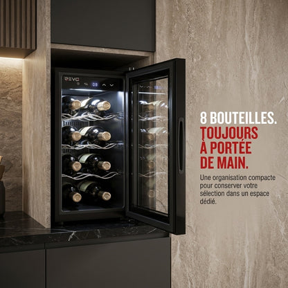 Cave à Vin REVO Origine – 8 Bouteilles – 21 L – Température Réglable 8 à 18 °C – Commande Tactile – 35 dB