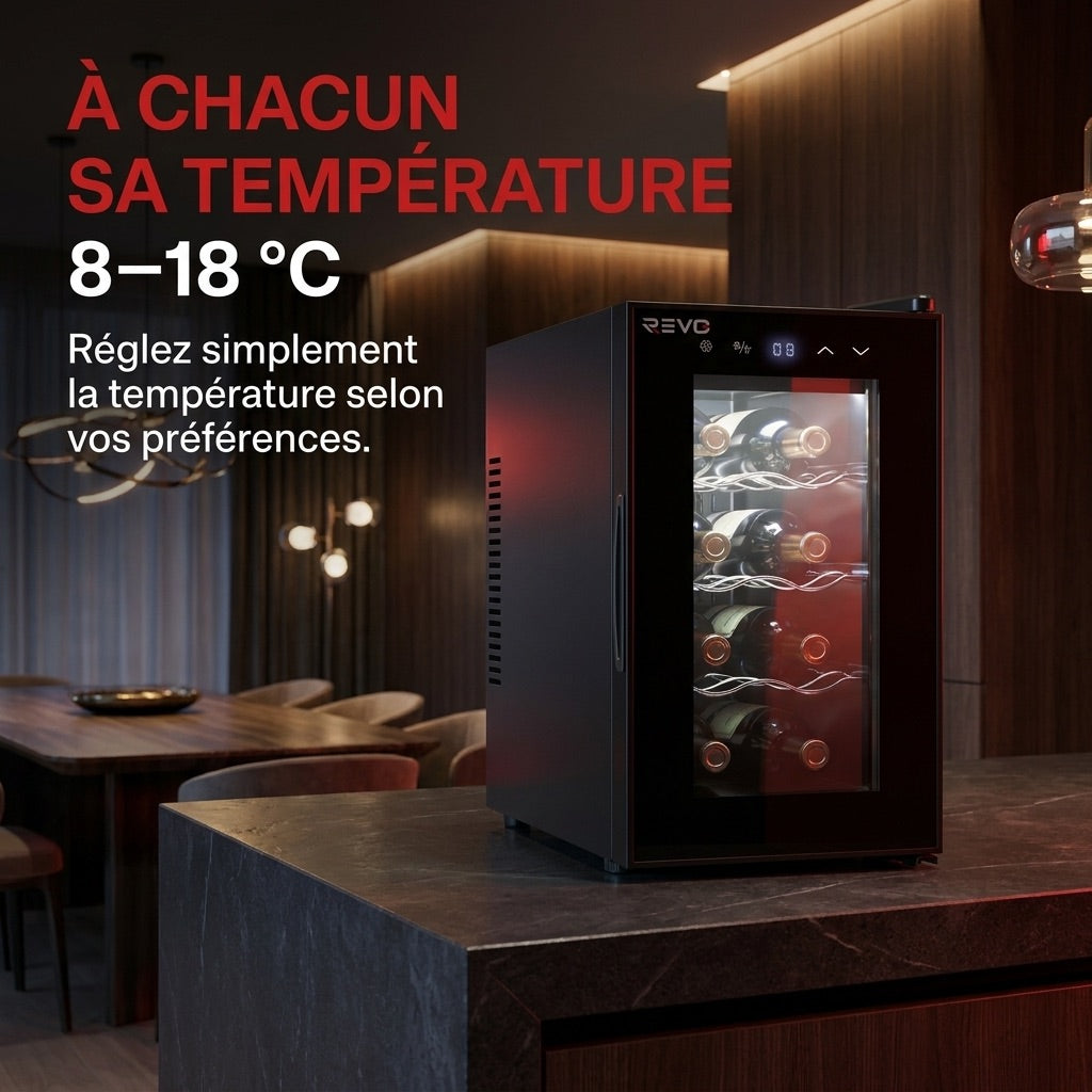 Cave à Vin REVO Origine – 8 Bouteilles – 21 L – Température Réglable 8 à 18 °C – Commande Tactile – 35 dB