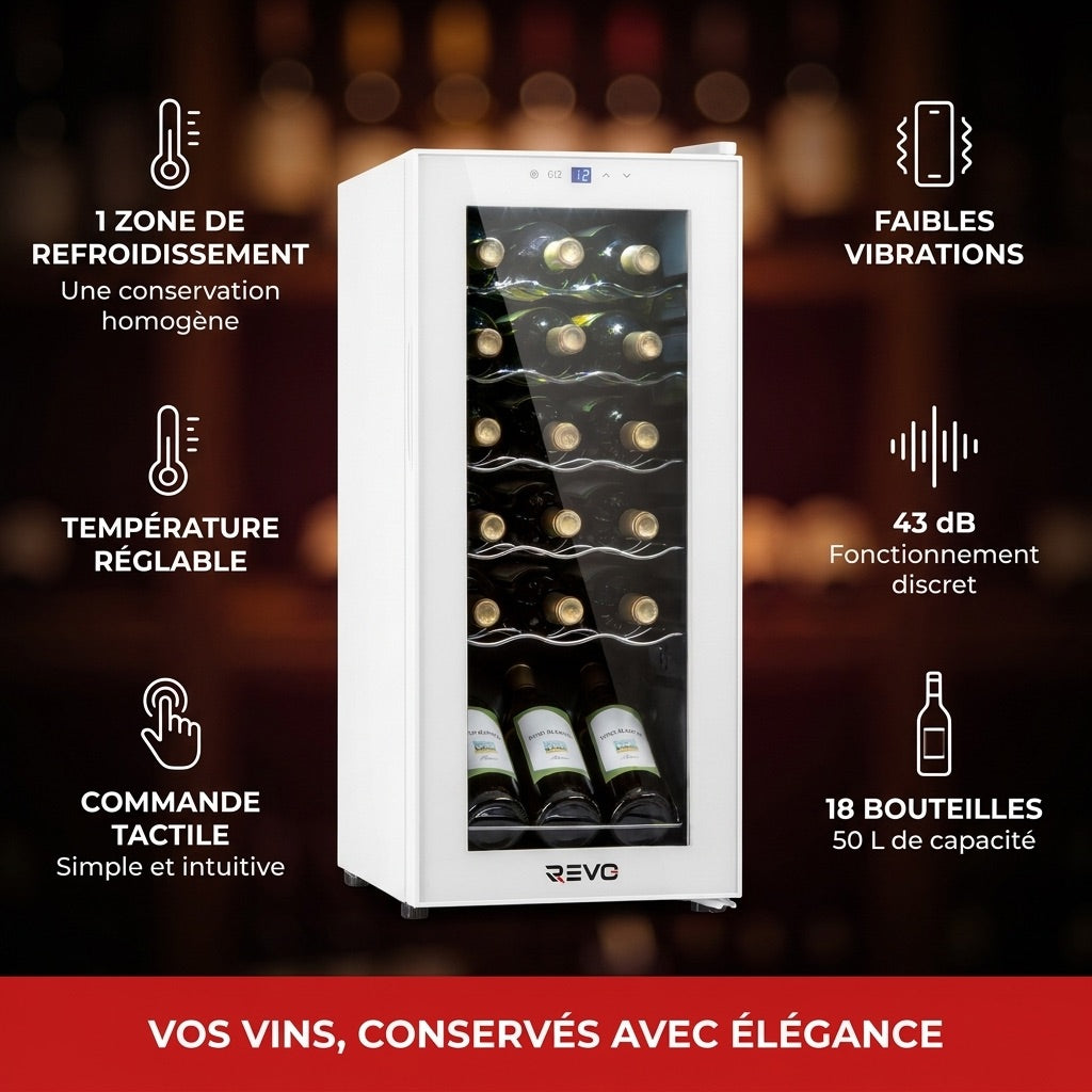 Cave à Vin REVO Réserve 18 – 18 Bouteilles – 50 L – Refroidissement par Compresseur – 43 dB – Commande Tactile