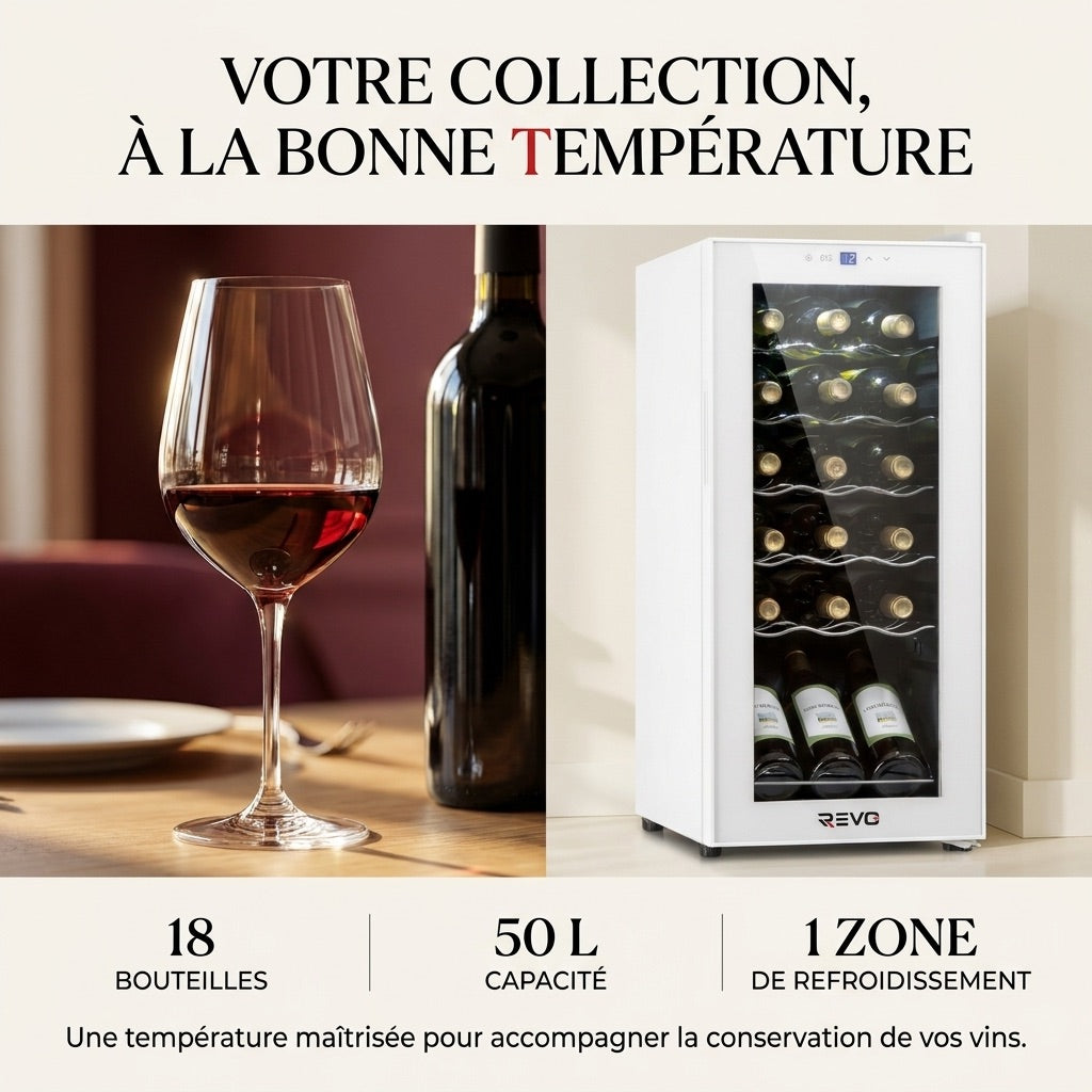 Cave à Vin REVO Réserve 18 – 18 Bouteilles – 50 L – Refroidissement par Compresseur – 43 dB – Commande Tactile
