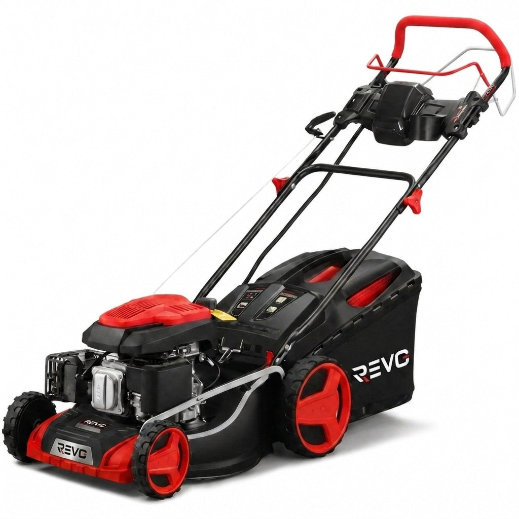 Tondeuse à Gazon Thermique Autotractée REVO Terrain 51 – 196 cm³, 51 cm, Démarrage Électrique, Hauteur de Coupe 25–75 mm, Bac 60 L, Jusqu’à 1 500 m²