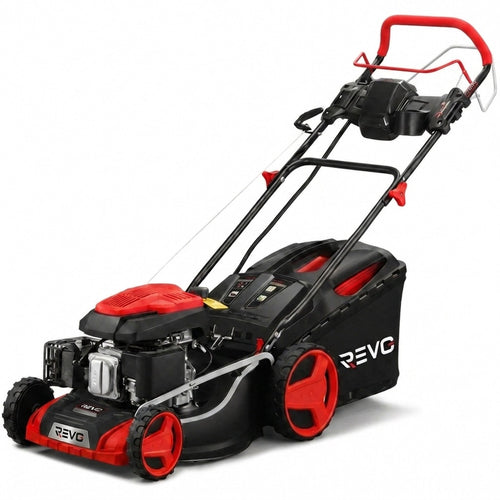 Tondeuse à Gazon Thermique Autotractée REVO Terrain 51 – 196 cm³, 51 cm, Démarrage Électrique, Hauteur de Coupe 25–75 mm, Bac 60 L, Jusqu’à 1 500 m²