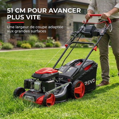 Tondeuse à Gazon Thermique Autotractée REVO Terrain 51 – 196 cm³, 51 cm, Démarrage Électrique, Hauteur de Coupe 25–75 mm, Bac 60 L, Jusqu’à 1 500 m²