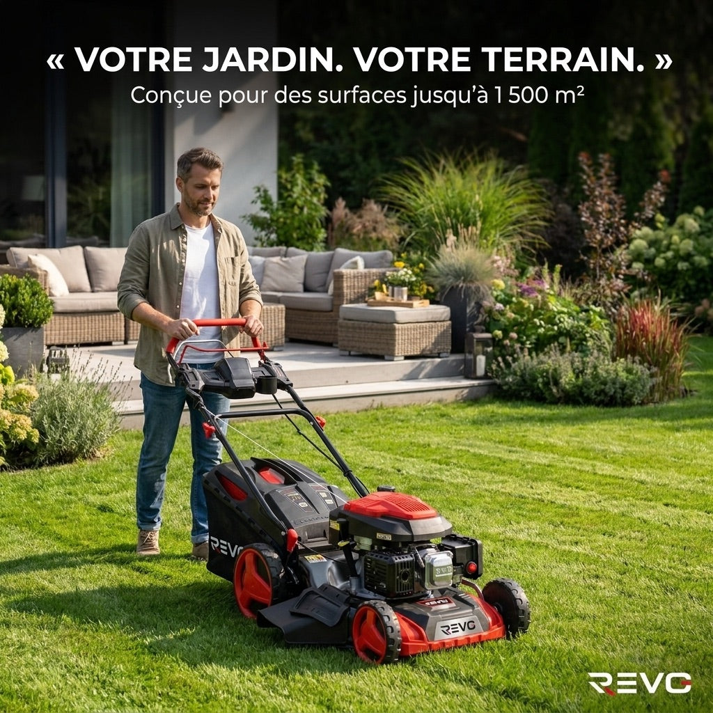 Tondeuse à Gazon Thermique Autotractée REVO Terrain 51 – 196 cm³, 51 cm, Démarrage Électrique, Hauteur de Coupe 25–75 mm, Bac 60 L, Jusqu’à 1 500 m²