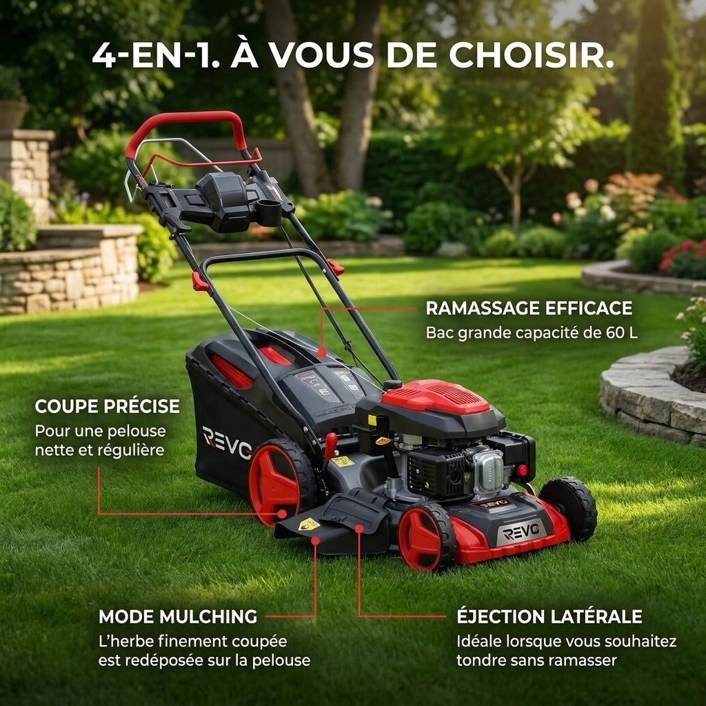 Tondeuse à Gazon Thermique Autotractée REVO Terrain 51 – 196 cm³, 51 cm, Démarrage Électrique, Hauteur de Coupe 25–75 mm, Bac 60 L, Jusqu’à 1 500 m²