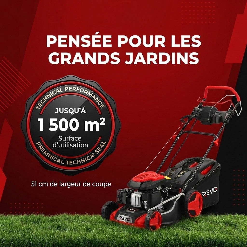 Tondeuse à Gazon Thermique Autotractée REVO Terrain 51 – 196 cm³, 51 cm, Démarrage Électrique, Hauteur de Coupe 25–75 mm, Bac 60 L, Jusqu’à 1 500 m²