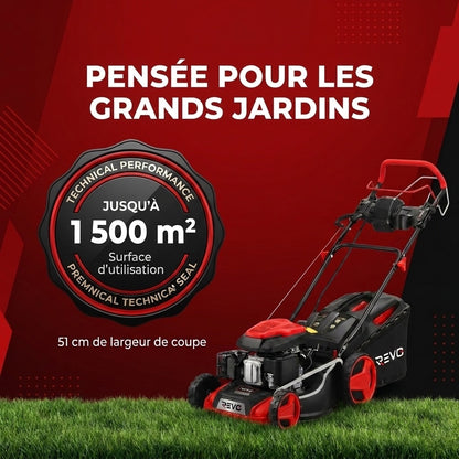 Tondeuse à Gazon Thermique Autotractée REVO Terrain 51 – 196 cm³, 51 cm, Démarrage Électrique, Hauteur de Coupe 25–75 mm, Bac 60 L, Jusqu’à 1 500 m²