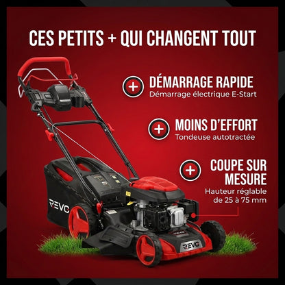 Tondeuse à Gazon Thermique Autotractée REVO Terrain 51 – 196 cm³, 51 cm, Démarrage Électrique, Hauteur de Coupe 25–75 mm, Bac 60 L, Jusqu’à 1 500 m²