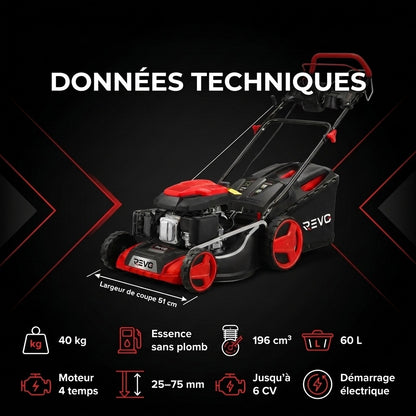 Tondeuse à Gazon Thermique Autotractée REVO Terrain 51 – 196 cm³, 51 cm, Démarrage Électrique, Hauteur de Coupe 25–75 mm, Bac 60 L, Jusqu’à 1 500 m²