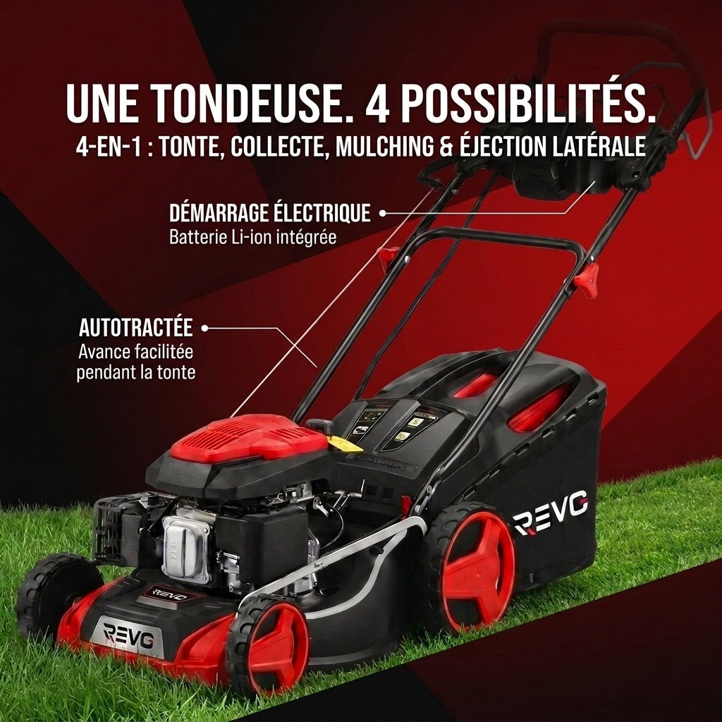 Tondeuse à Gazon Thermique Autotractée REVO Terrain 51 – 196 cm³, 51 cm, Démarrage Électrique, Hauteur de Coupe 25–75 mm, Bac 60 L, Jusqu’à 1 500 m²