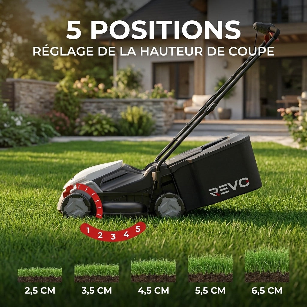 Tondeuse à Gazon sans Fil REVO Garden 300 – 20 V – 33 cm – Batterie 5,0 Ah – 5 Hauteurs de Coupe – Bac 35 L – Jusqu’à 300 m²