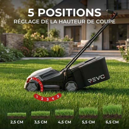 Tondeuse à Gazon sans Fil REVO Garden 300 – 20 V – 33 cm – Batterie 5,0 Ah – 5 Hauteurs de Coupe – Bac 35 L – Jusqu’à 300 m²