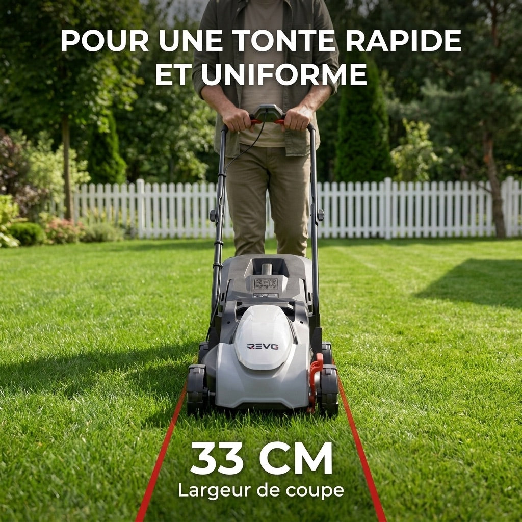 Tondeuse à Gazon sans Fil REVO Garden 300 – 20 V – 33 cm – Batterie 5,0 Ah – 5 Hauteurs de Coupe – Bac 35 L – Jusqu’à 300 m²