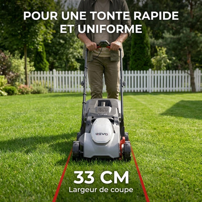 Tondeuse à Gazon sans Fil REVO Garden 300 – 20 V – 33 cm – Batterie 5,0 Ah – 5 Hauteurs de Coupe – Bac 35 L – Jusqu’à 300 m²