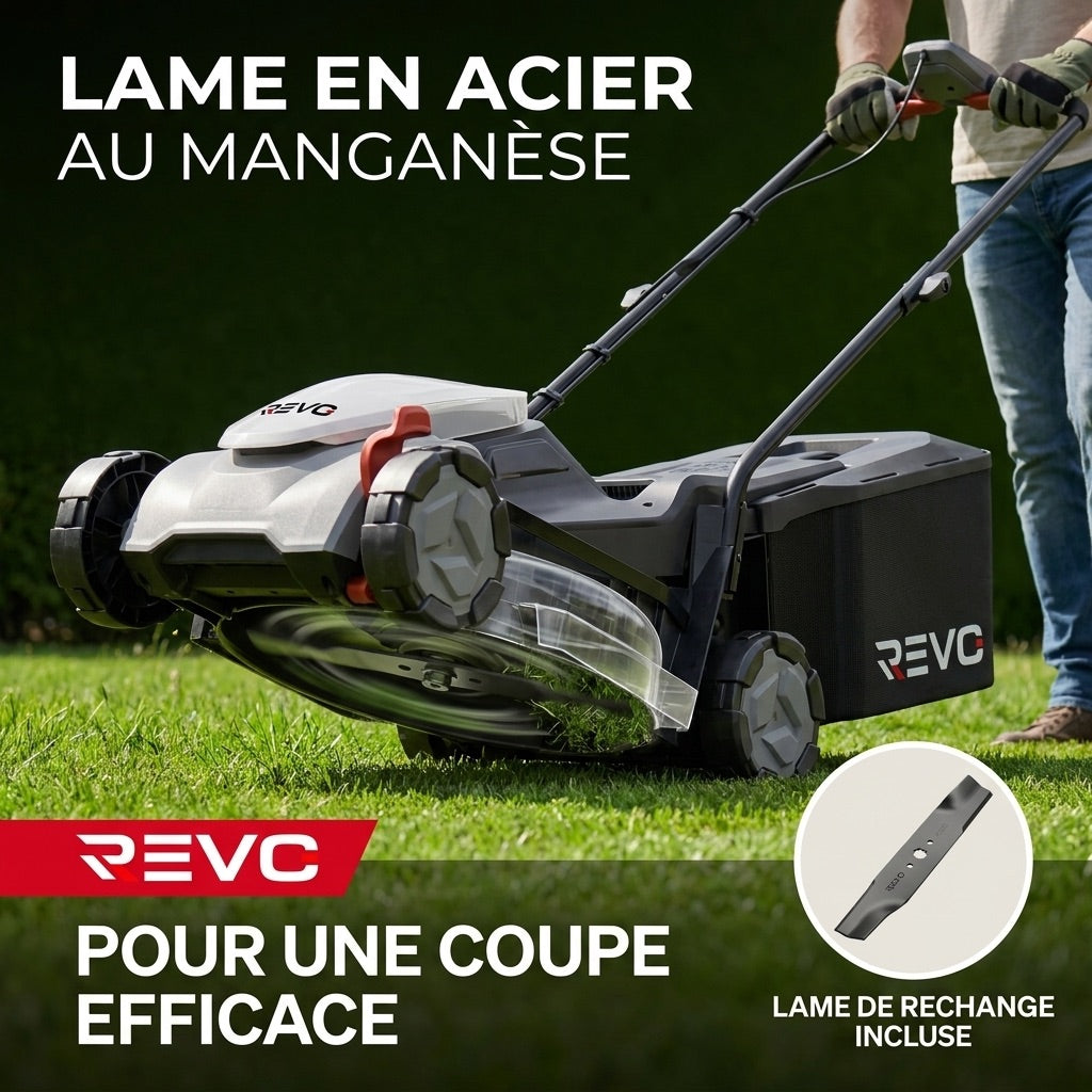 Tondeuse à Gazon sans Fil REVO Garden 300 – 20 V – 33 cm – Batterie 5,0 Ah – 5 Hauteurs de Coupe – Bac 35 L – Jusqu’à 300 m²