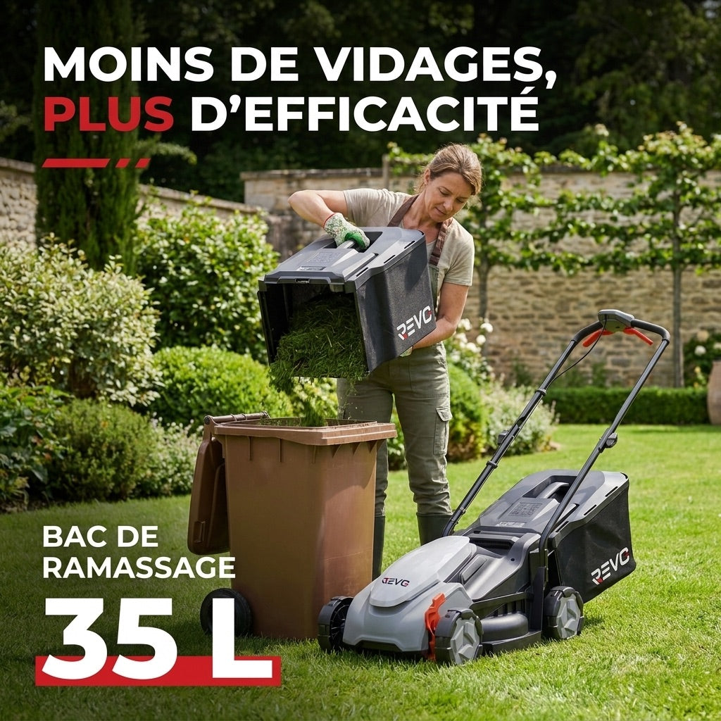 Tondeuse à Gazon sans Fil REVO Garden 300 – 20 V – 33 cm – Batterie 5,0 Ah – 5 Hauteurs de Coupe – Bac 35 L – Jusqu’à 300 m²