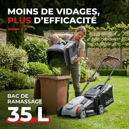Tondeuse à Gazon sans Fil REVO Garden 300 – 20 V – 33 cm – Batterie 5,0 Ah – 5 Hauteurs de Coupe – Bac 35 L – Jusqu’à 300 m²