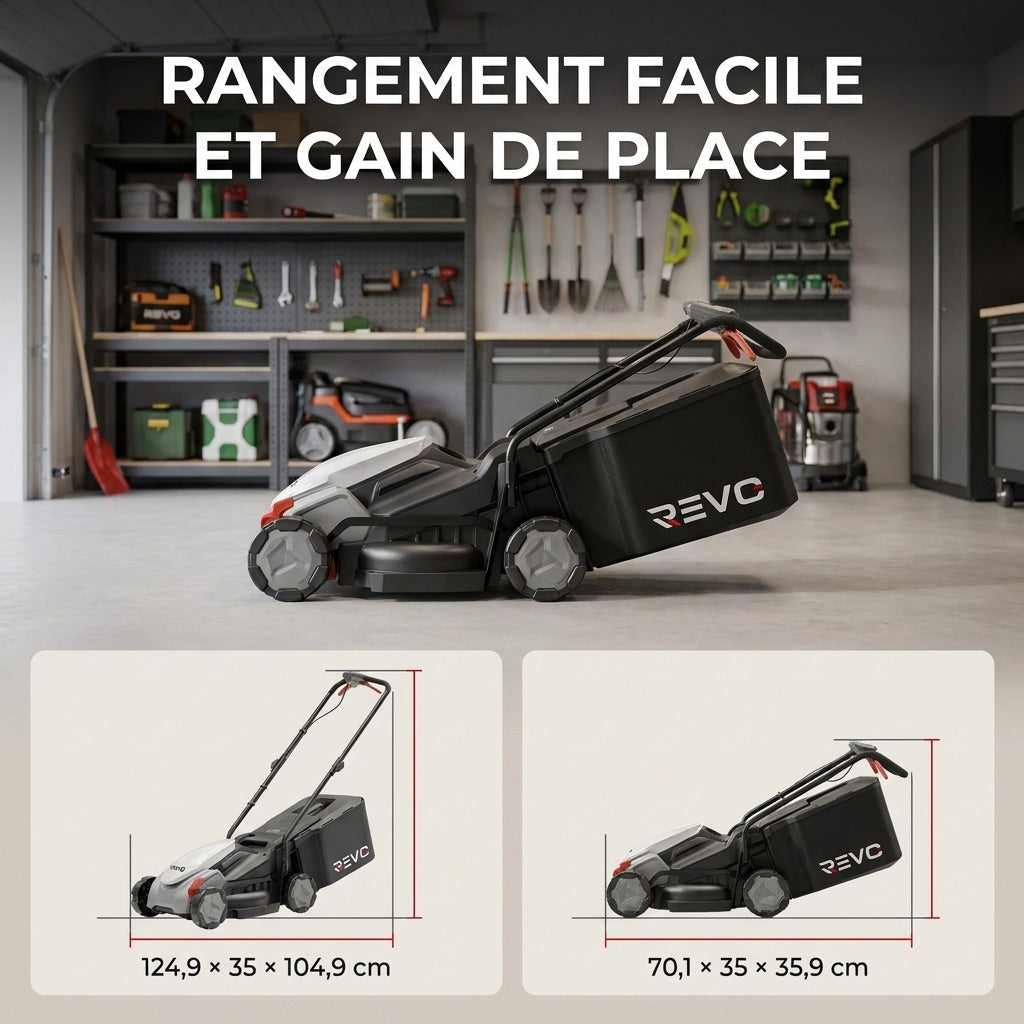 Tondeuse à Gazon sans Fil REVO Garden 300 – 20 V – 33 cm – Batterie 5,0 Ah – 5 Hauteurs de Coupe – Bac 35 L – Jusqu’à 300 m²