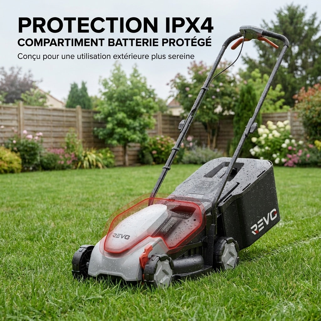 Tondeuse à Gazon sans Fil REVO Garden 300 – 20 V – 33 cm – Batterie 5,0 Ah – 5 Hauteurs de Coupe – Bac 35 L – Jusqu’à 300 m²