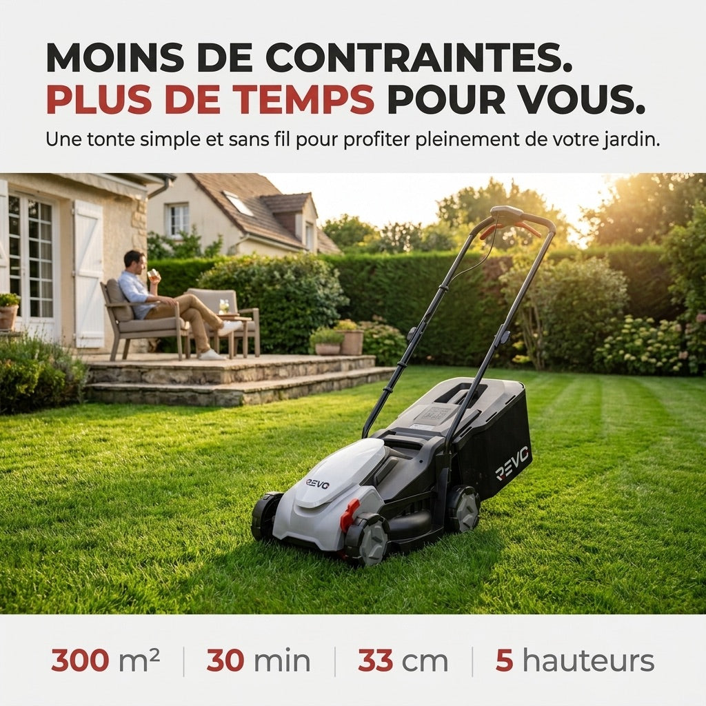 Tondeuse à Gazon sans Fil REVO Garden 300 – 20 V – 33 cm – Batterie 5,0 Ah – 5 Hauteurs de Coupe – Bac 35 L – Jusqu’à 300 m²