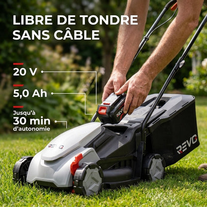 Tondeuse à Gazon sans Fil REVO Garden 300 – 20 V – 33 cm – Batterie 5,0 Ah – 5 Hauteurs de Coupe – Bac 35 L – Jusqu’à 300 m²