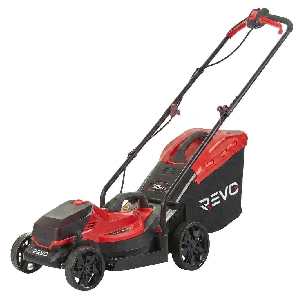 Tondeuse à Gazon sans Fil REVO Verde 33 – 18 V – Coupe 33 cm – 5 Hauteurs 25–65 mm – Bac 35 L – Jusqu’à 300 m²
