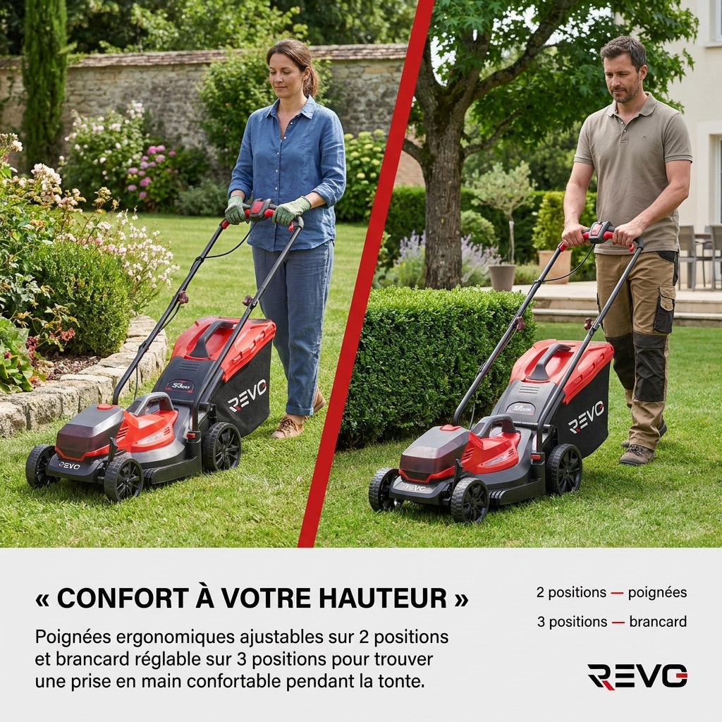 Tondeuse à Gazon sans Fil REVO Verde 33 – 18 V – Coupe 33 cm – 5 Hauteurs 25–65 mm – Bac 35 L – Jusqu’à 300 m²