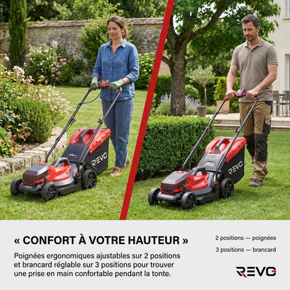 Tondeuse à Gazon sans Fil REVO Verde 33 – 18 V – Coupe 33 cm – 5 Hauteurs 25–65 mm – Bac 35 L – Jusqu’à 300 m²