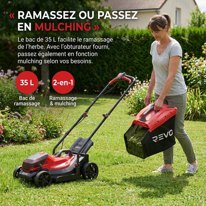 Tondeuse à Gazon sans Fil REVO Verde 33 – 18 V – Coupe 33 cm – 5 Hauteurs 25–65 mm – Bac 35 L – Jusqu’à 300 m²