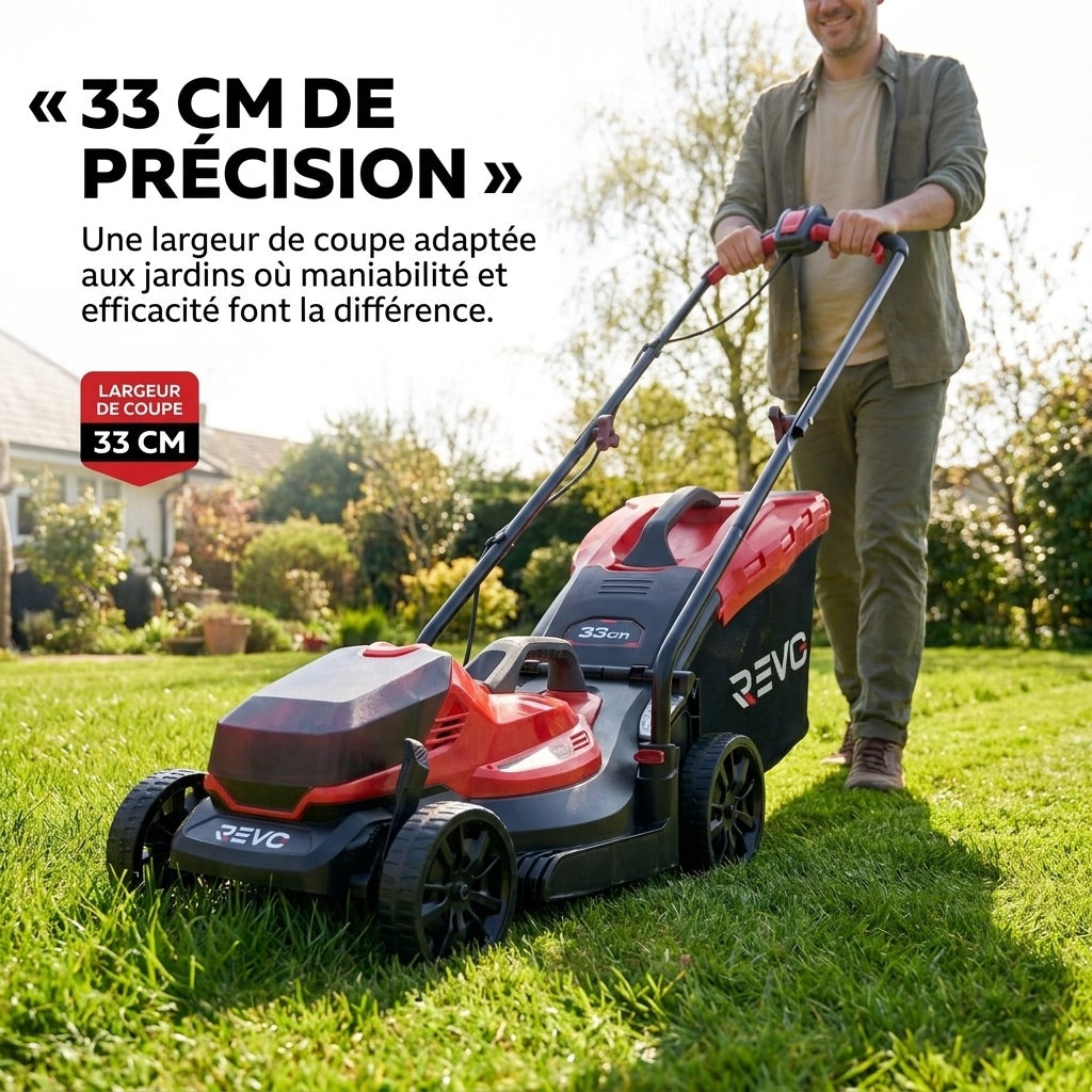 Tondeuse à Gazon sans Fil REVO Verde 33 – 18 V – Coupe 33 cm – 5 Hauteurs 25–65 mm – Bac 35 L – Jusqu’à 300 m²