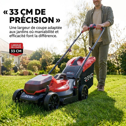 Tondeuse à Gazon sans Fil REVO Verde 33 – 18 V – Coupe 33 cm – 5 Hauteurs 25–65 mm – Bac 35 L – Jusqu’à 300 m²